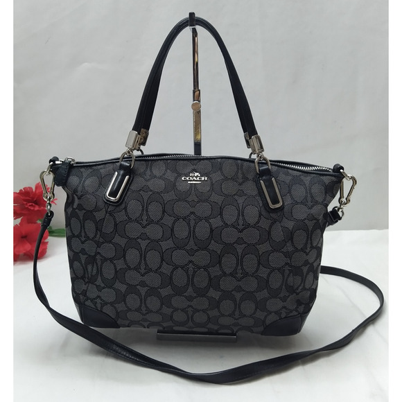 Coach Kelsey Signature Black Canvas Double Handles Zipper Satchel Bag - Picture 1 of 16